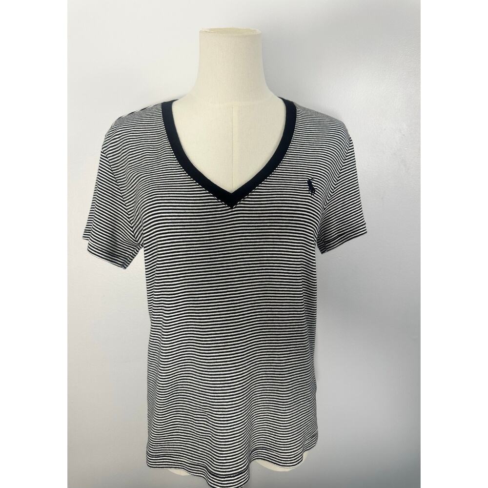 Polo Ralph Lauren Striped V-Neck Tee XL Black Pony Logo | Old Money Preppy Chic